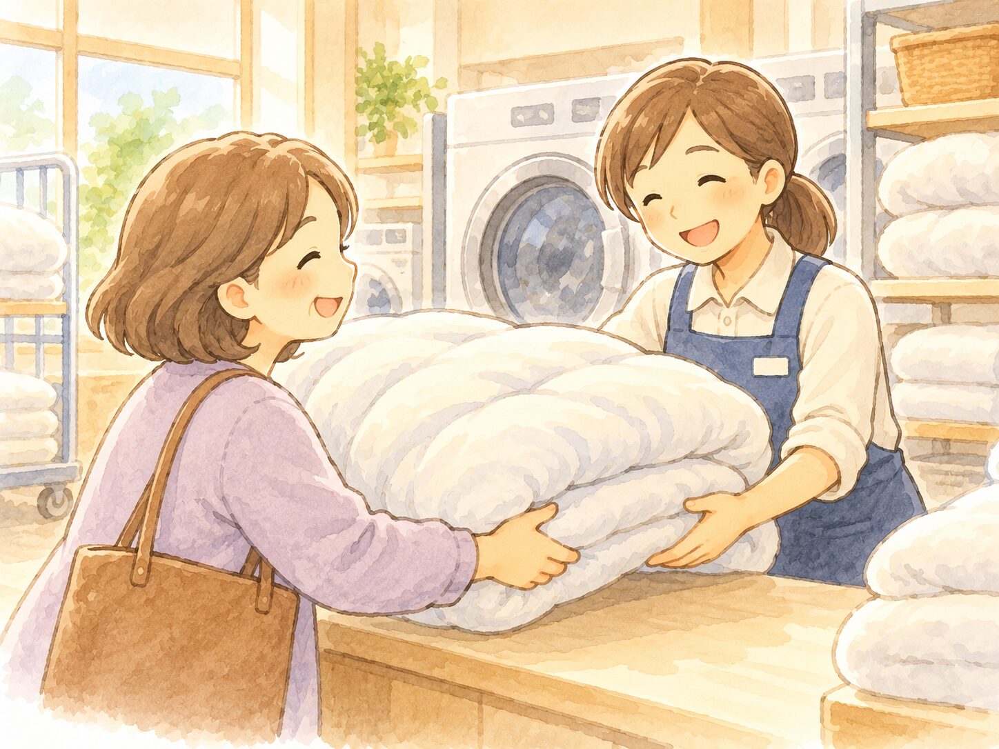 スタッフがお客様から布団を預かっているイラスト