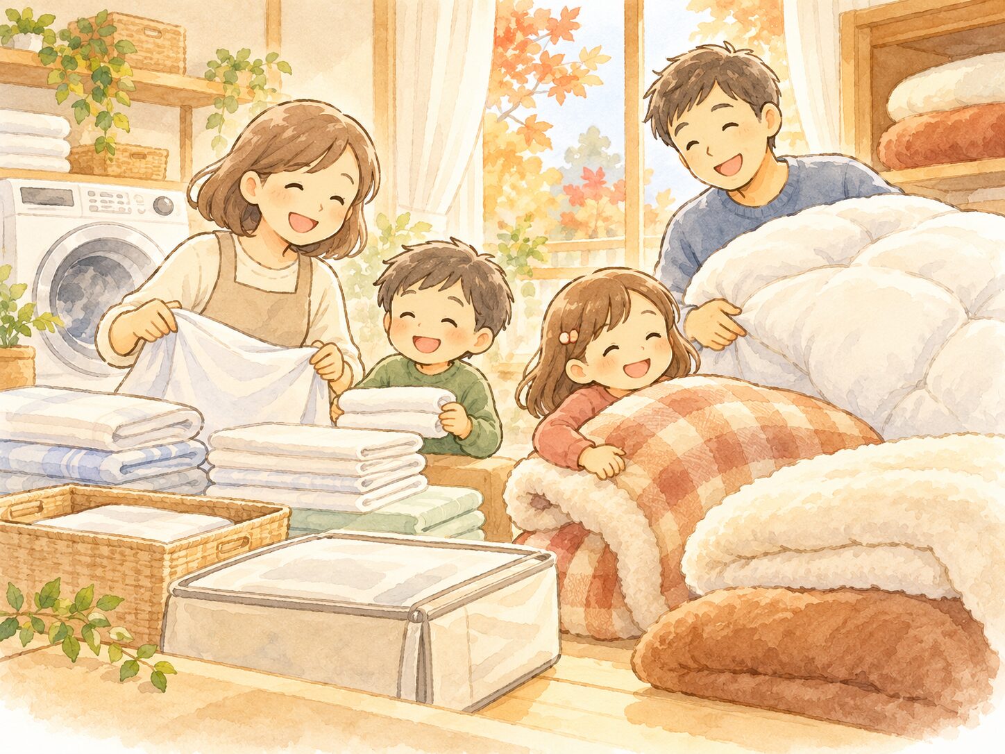 家族で夏物の寝具をしまい、冬の寝具を準備しているイラスト