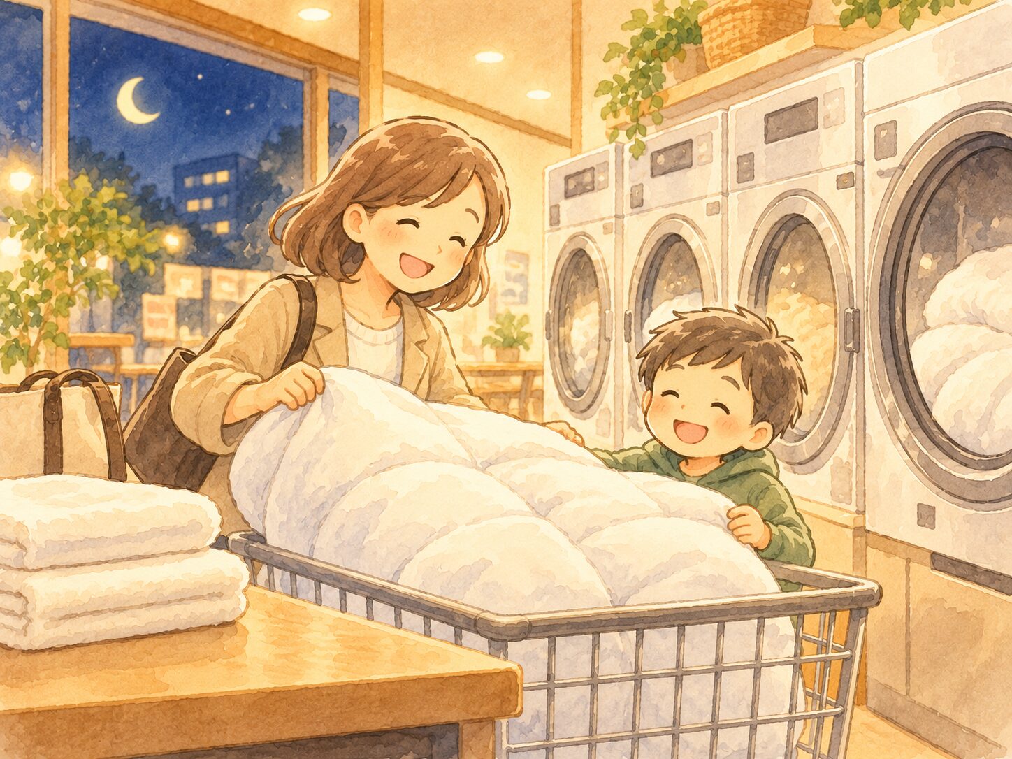 夜のコインランドリーで親子が布団を洗っているイラスト