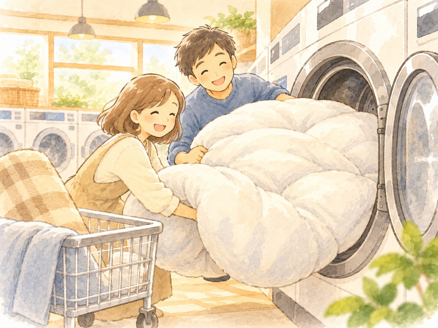 大きな布団を大型洗濯機に入れているイラスト