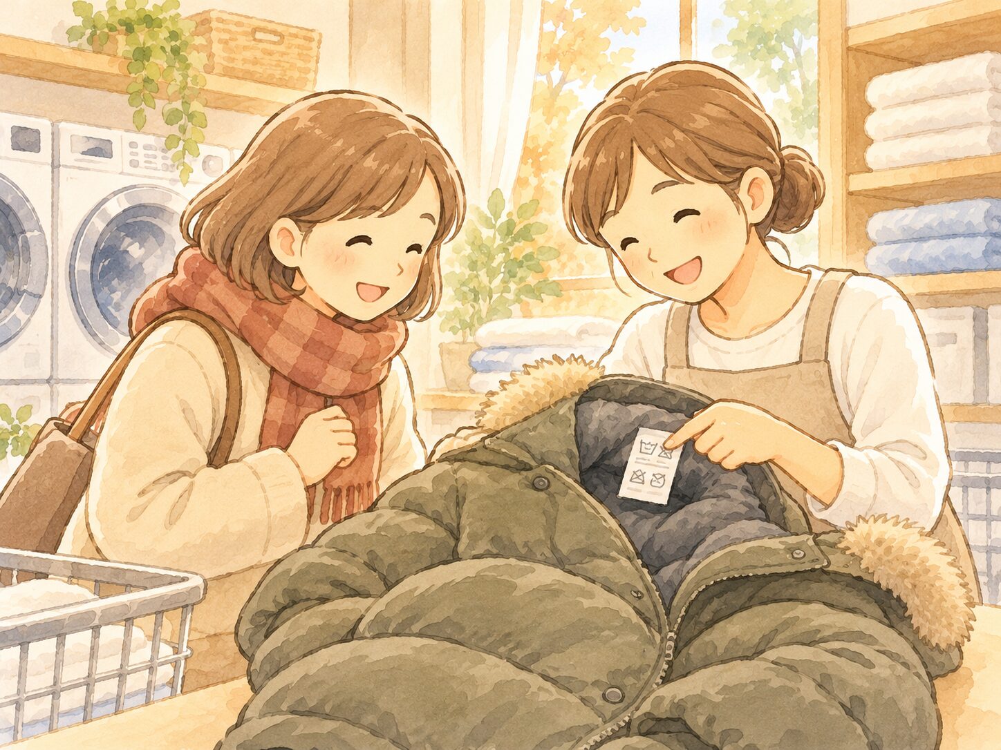 スタッフがダウンジャケットの洗濯表示を確認しているイラスト
