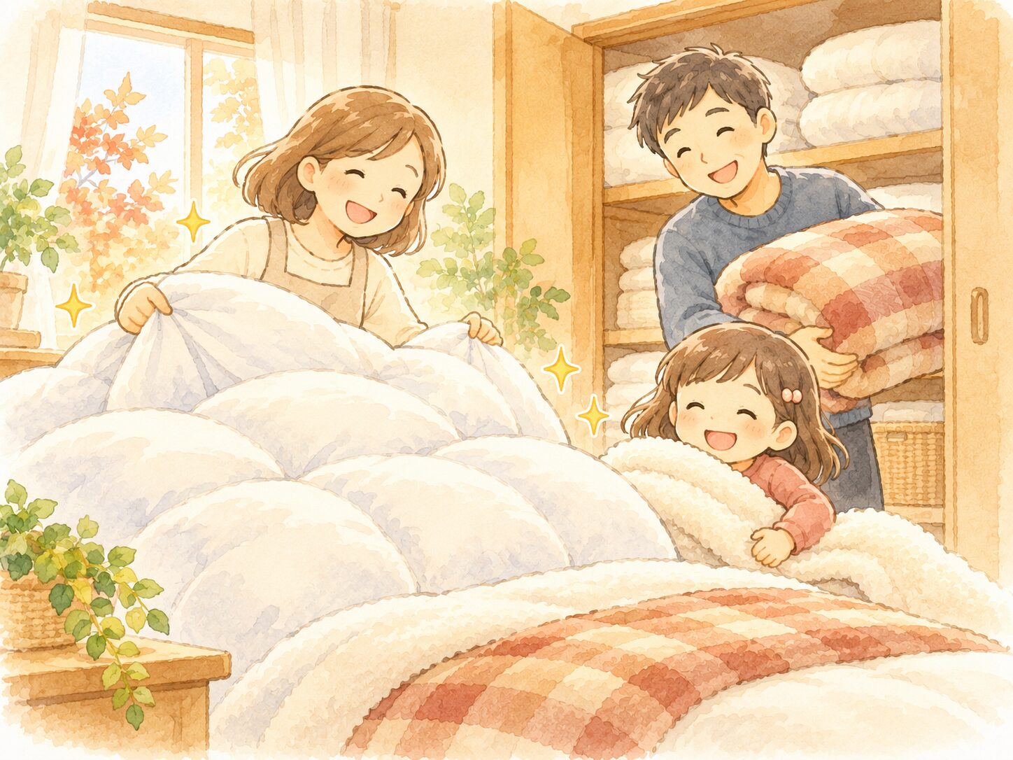 羽毛布団や毛布など冬の寝具を出して準備しているイラスト