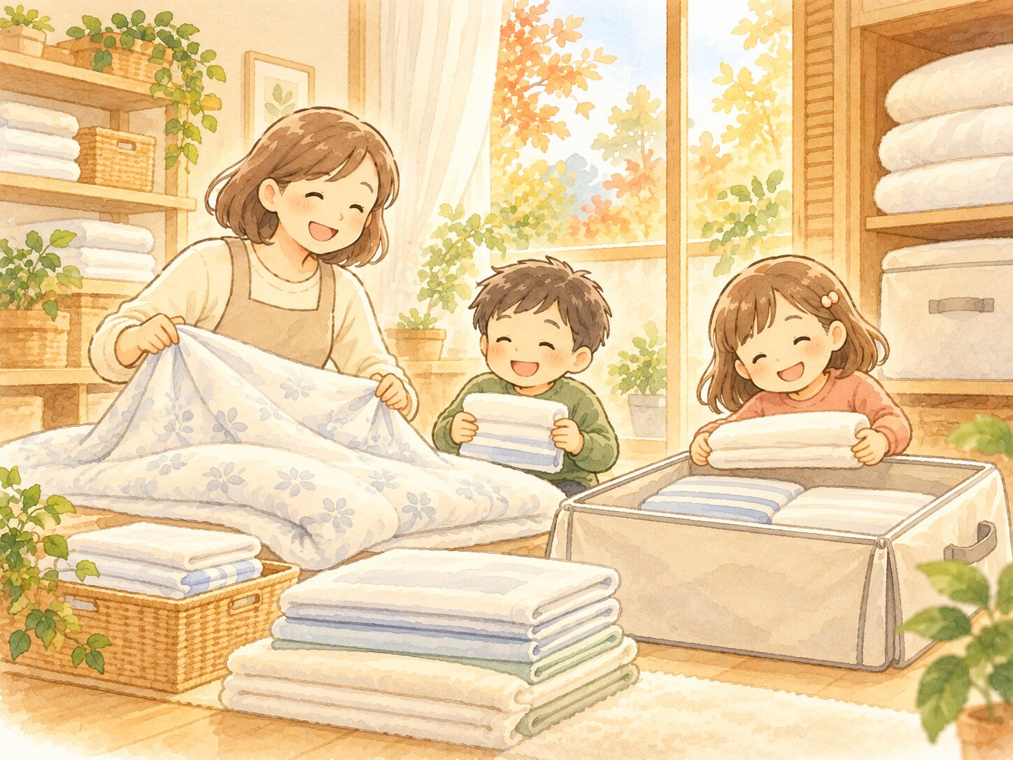 洗った夏用の寝具を折りたたんで収納しているイラスト